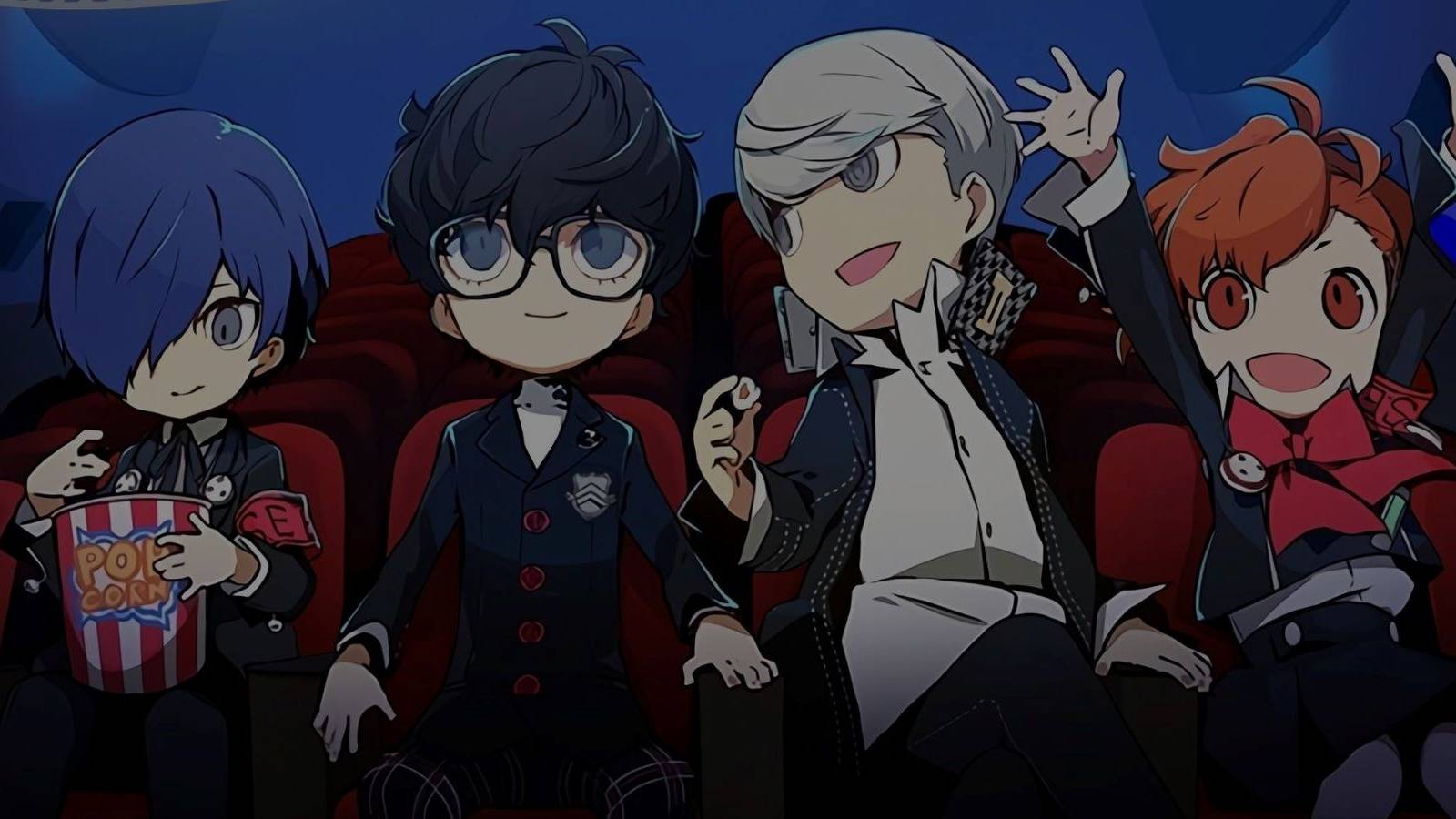 Persona Q2 art for the protagonists of Persona 3, Persona 4, and Persona 5