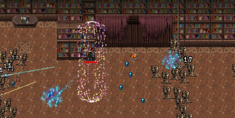 Poppea about to pick up some floor chicken in Vampire Survivors