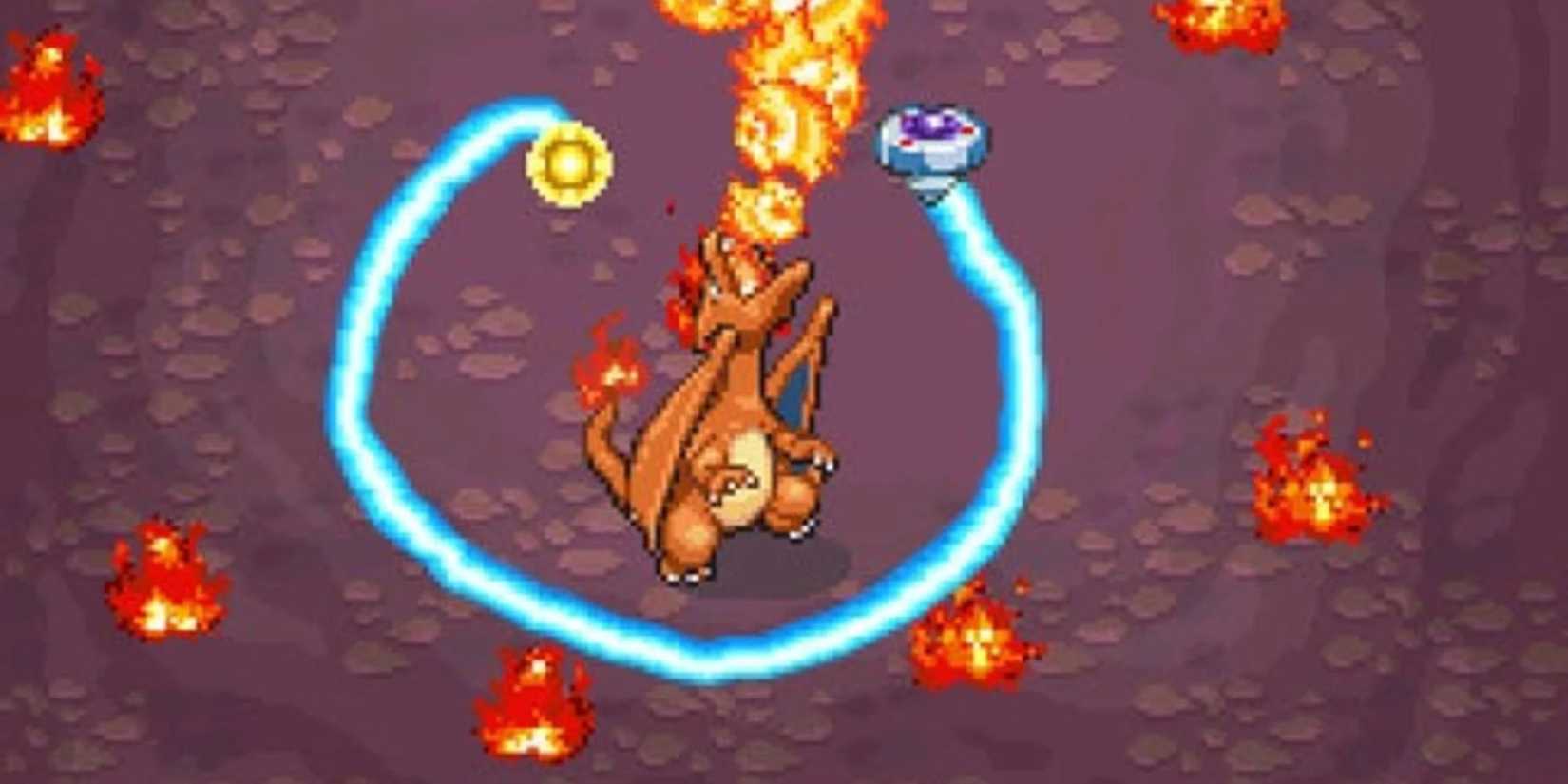 A Pokemon Ranger player trying to capture a fire-breathing Charizard