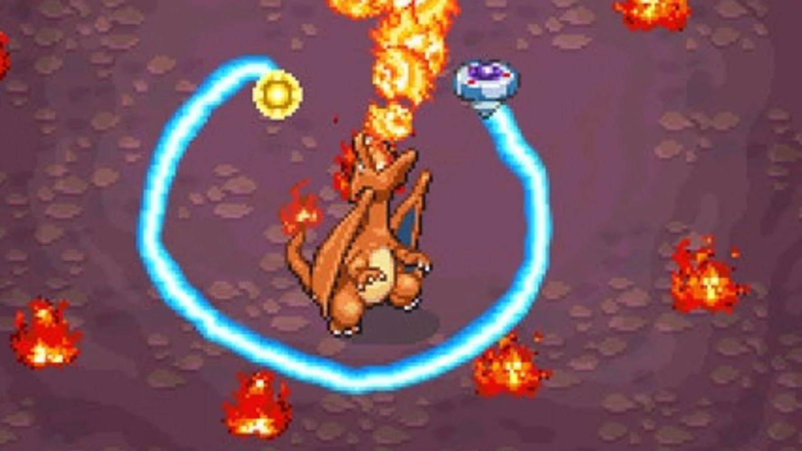 A Pokemon Ranger player trying to capture a fire-breathing Charizard