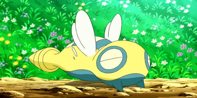 Dunsparce sitting on a log in the Pokemon anime