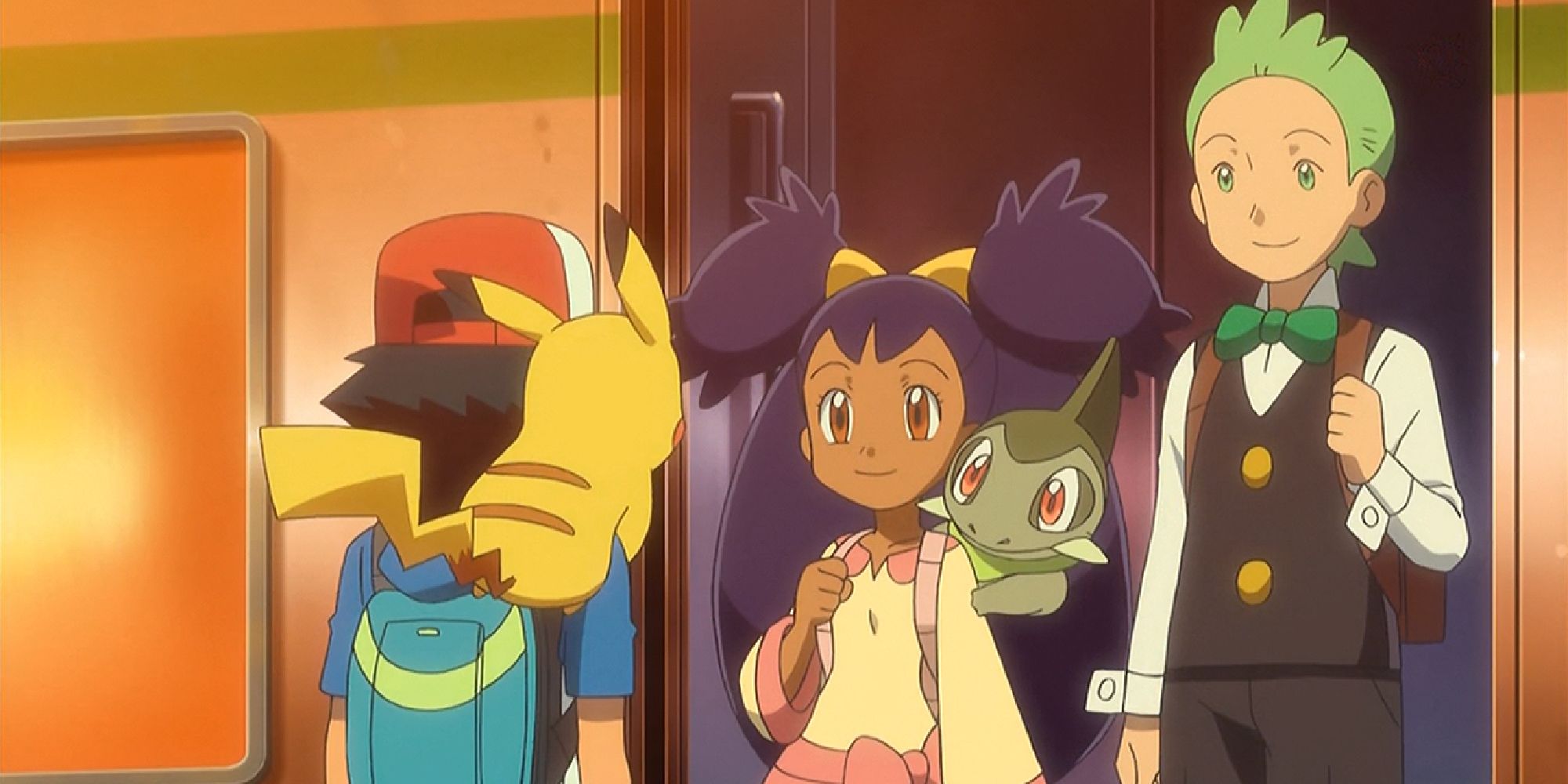 Ash and Pikachu saying goodbye to Iris, Axew, and Cilan as they get on a train