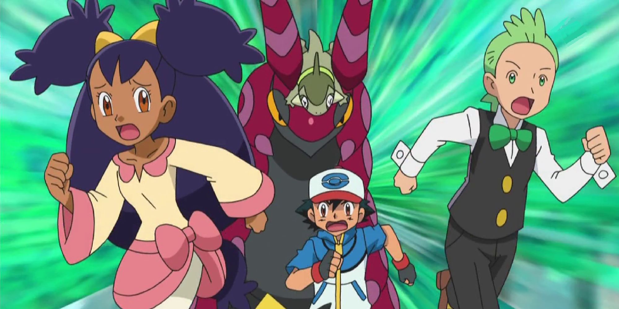 Iris, Ash, Pikachu, and Cilan running from a Scolipede that Axew is riding