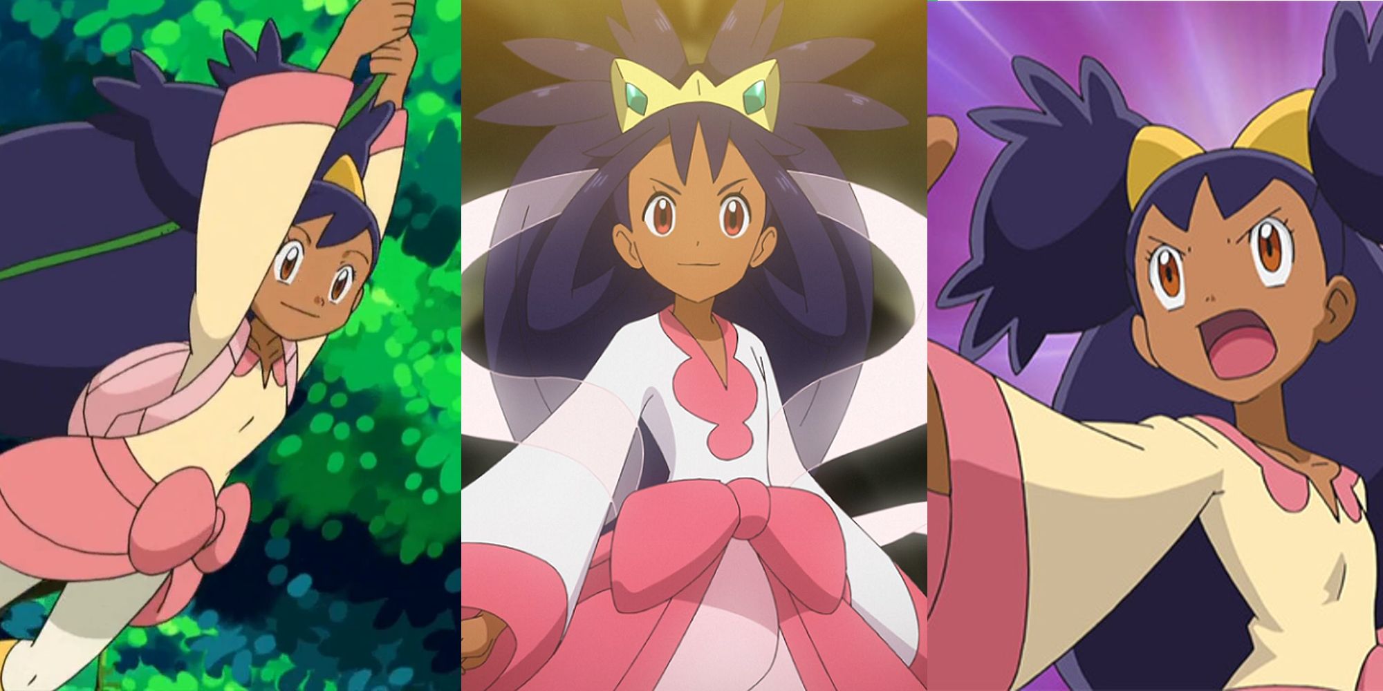 Iris swinging between trees in the anime; Iris appearing in her Unova Champion outfit in Pokemon Journeys; Iris calling out in the middle of a Pokemon battle
