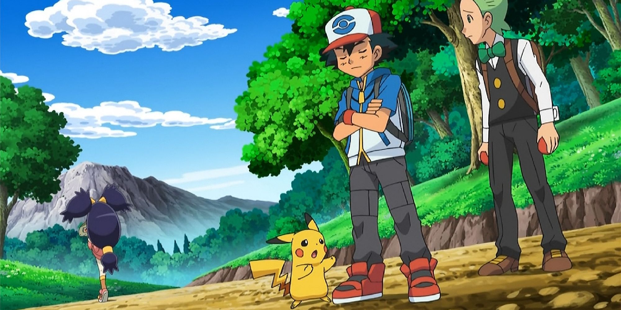 Iris and Axew angrily walking away from Ash, Pikachu, and Cilan