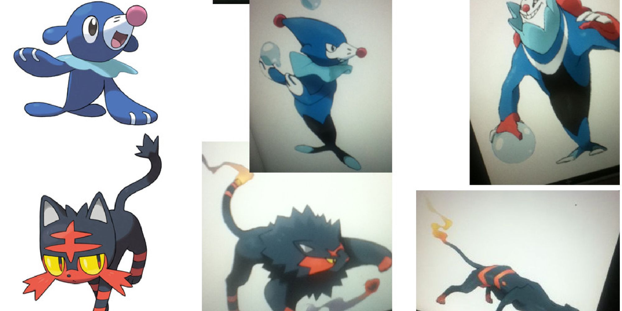 Popplio and Litten's fake starter evolutions, depicting a clown-like seal for Popplio and a slender panther for Litten