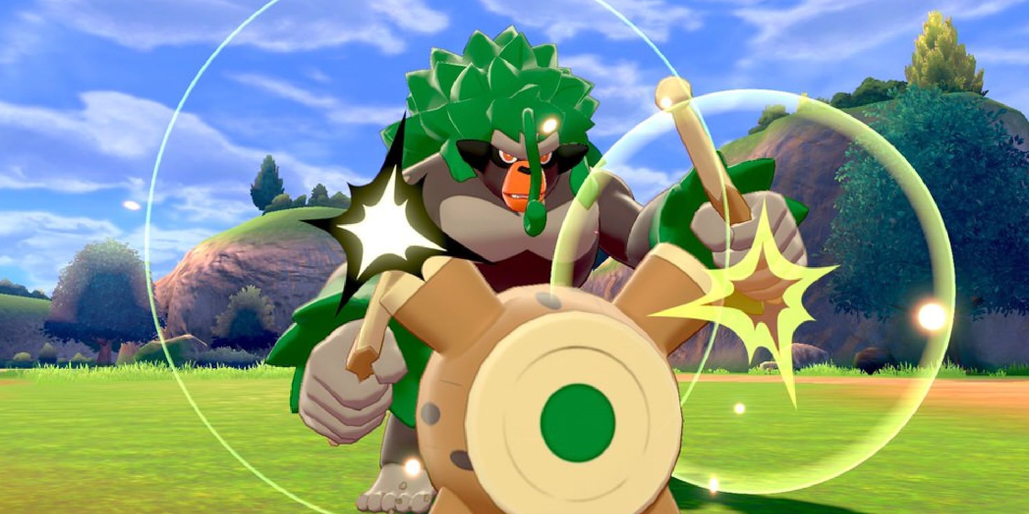 A Rillaboom pounding its drum during battle in Pokemon Sword & Shield