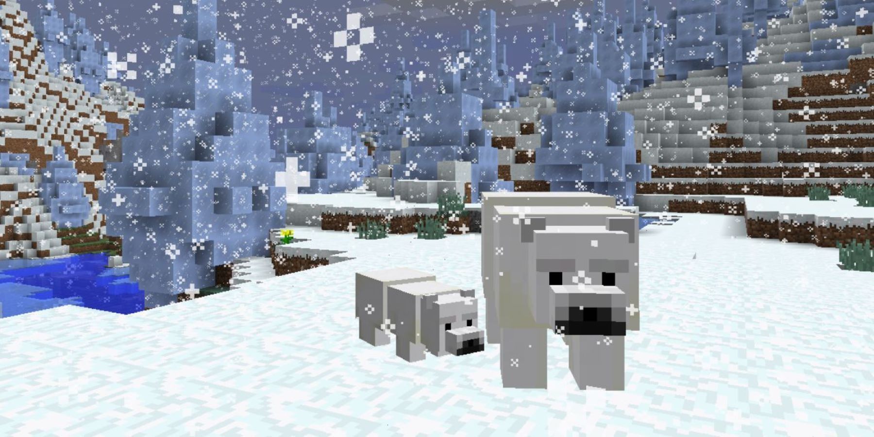 A Minecraft polar bear and its cub standing in an Ice Spikes biome during snowy weather
