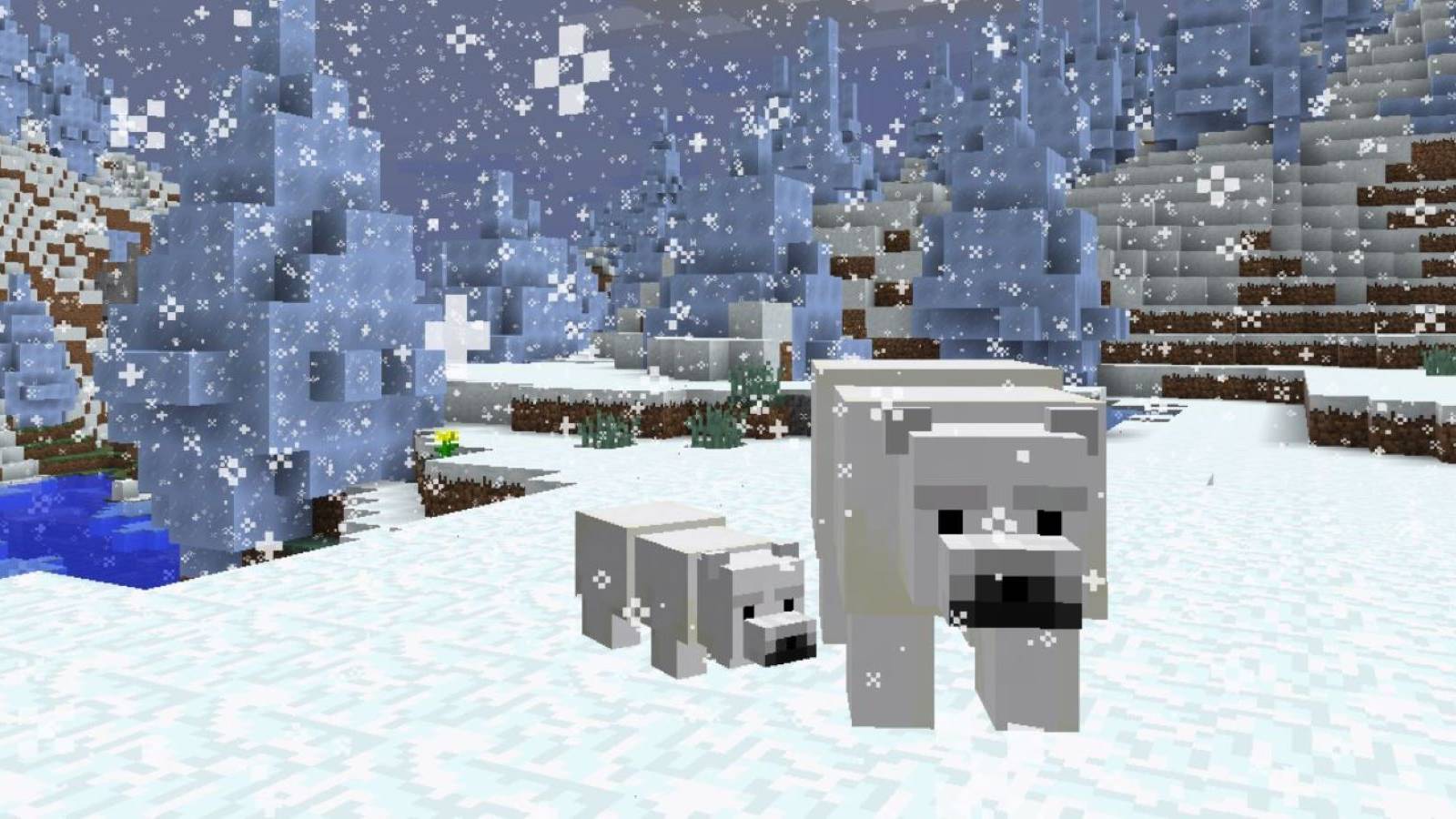 A Minecraft polar bear and its cub standing in an Ice Spikes biome during snowy weather