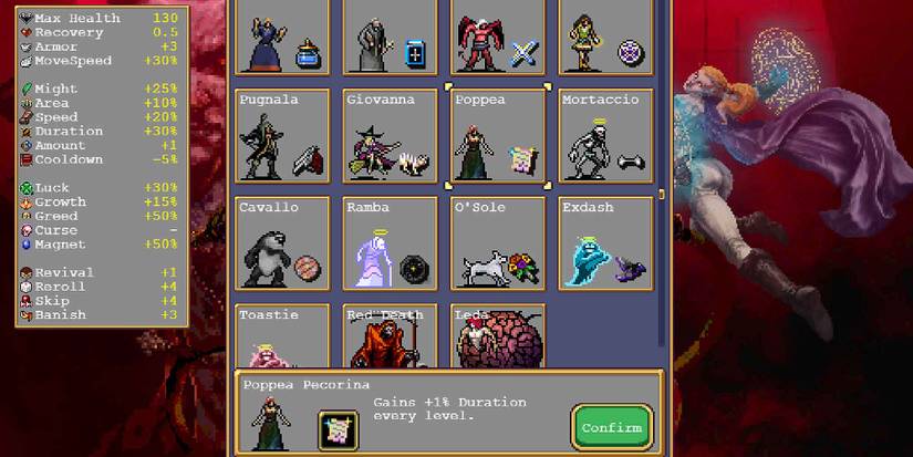 Selecting Poppea in Vampire Survivors