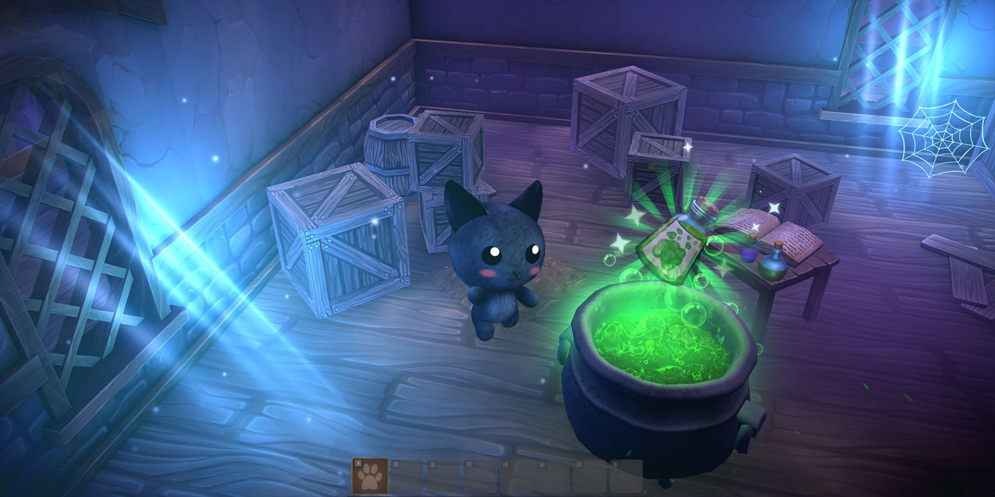 The cat protagonist brewing potions in Potion Paws