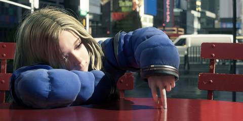 The girl protagonist of Pragmata sitting at a red table