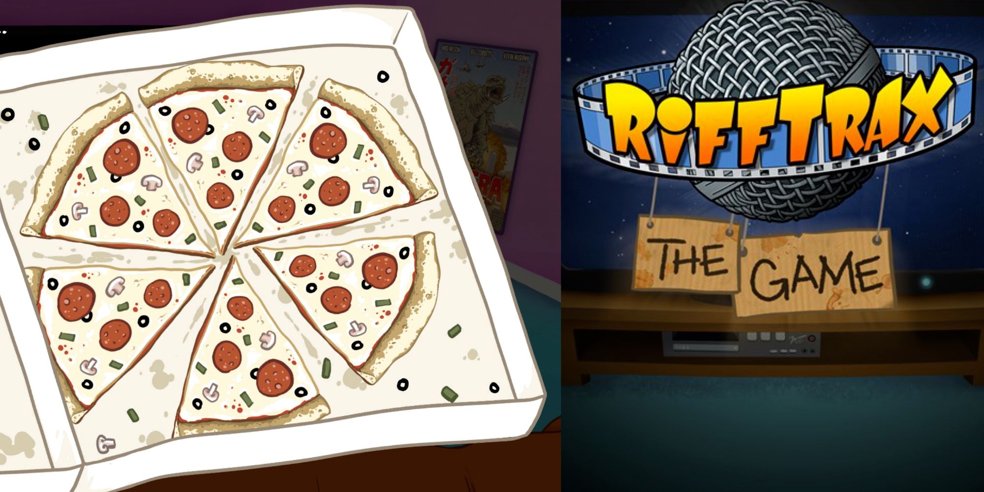 Banner Image Displaying a pizza in RiffTrax the game on the left, and the cover of the game on the right