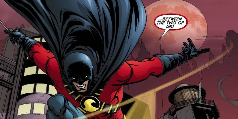 Tim Drake wearing the Red Robin suit in Gotham in Red Robin (2009)