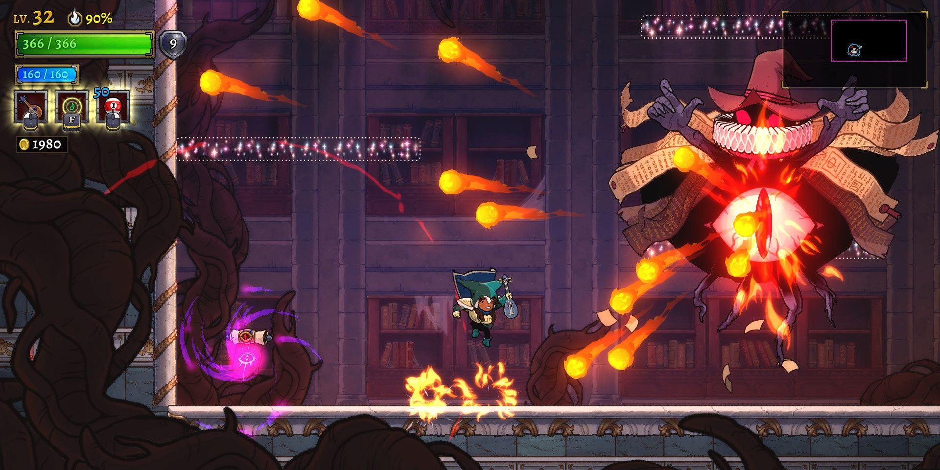 A boss shooting fire balls at the hero in Rogue Legacy 2