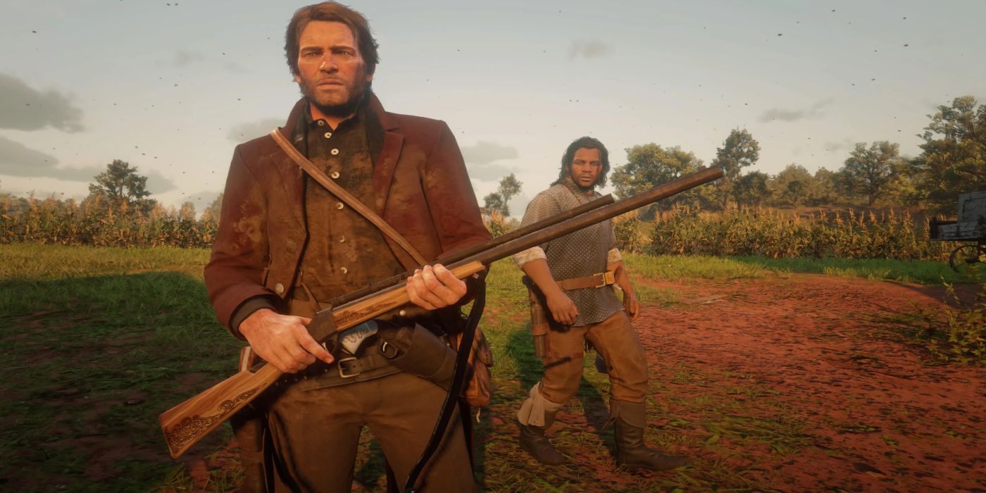 Red Dead Redemption 2 Arthur holding a Rolling Block Rifle. Charles is clearly jealous.