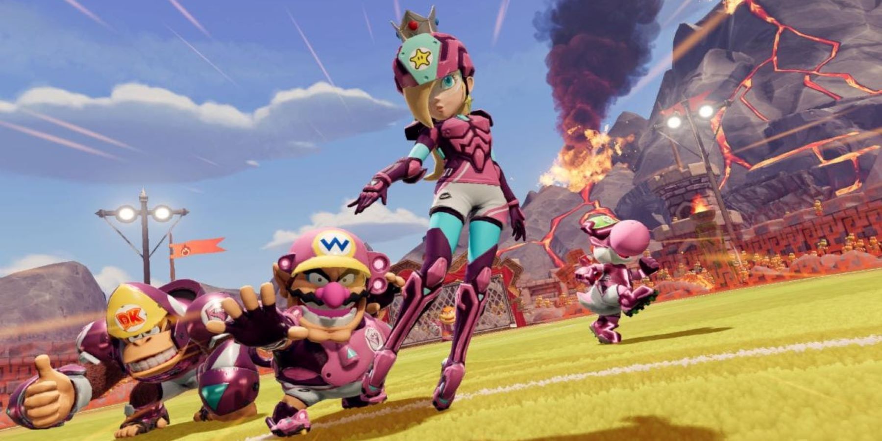 Rosalina, Donkey Kong, Wario, and Yoshi posing together for a Mario Strikers: Battle League match