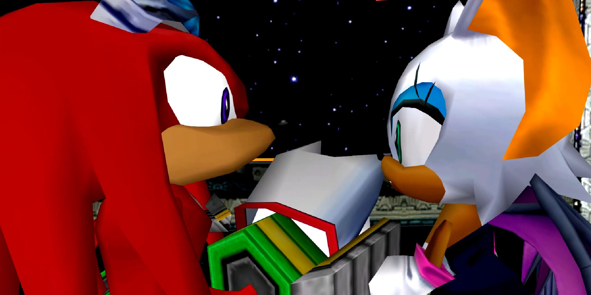 Knuckles holding Rouge's hand on the ARK in Sonic Adventure 2