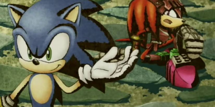 Sonic walking away from a defeat Sir Gawain in Sonic and the Black Knight