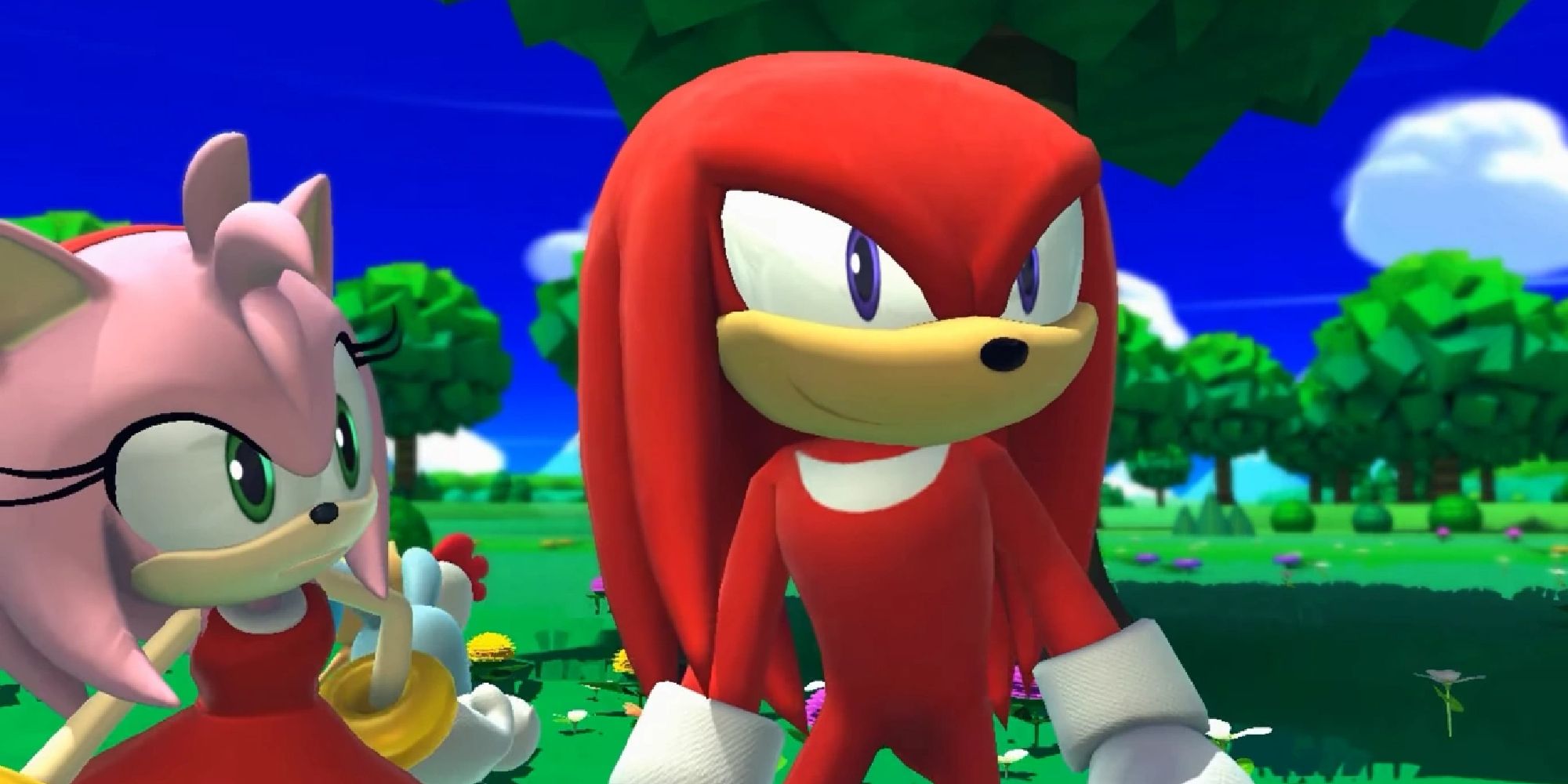 Knuckles standing with Amy in a cutscene from Sonic Lost World