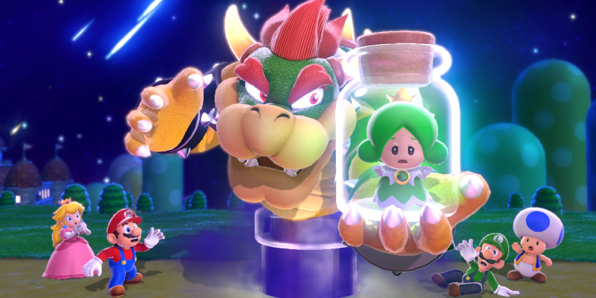 Peach, Mario, Luigi, and Toad watching as Bowser captures a green Sprixie Princess in a jar in Super Mario 3D World