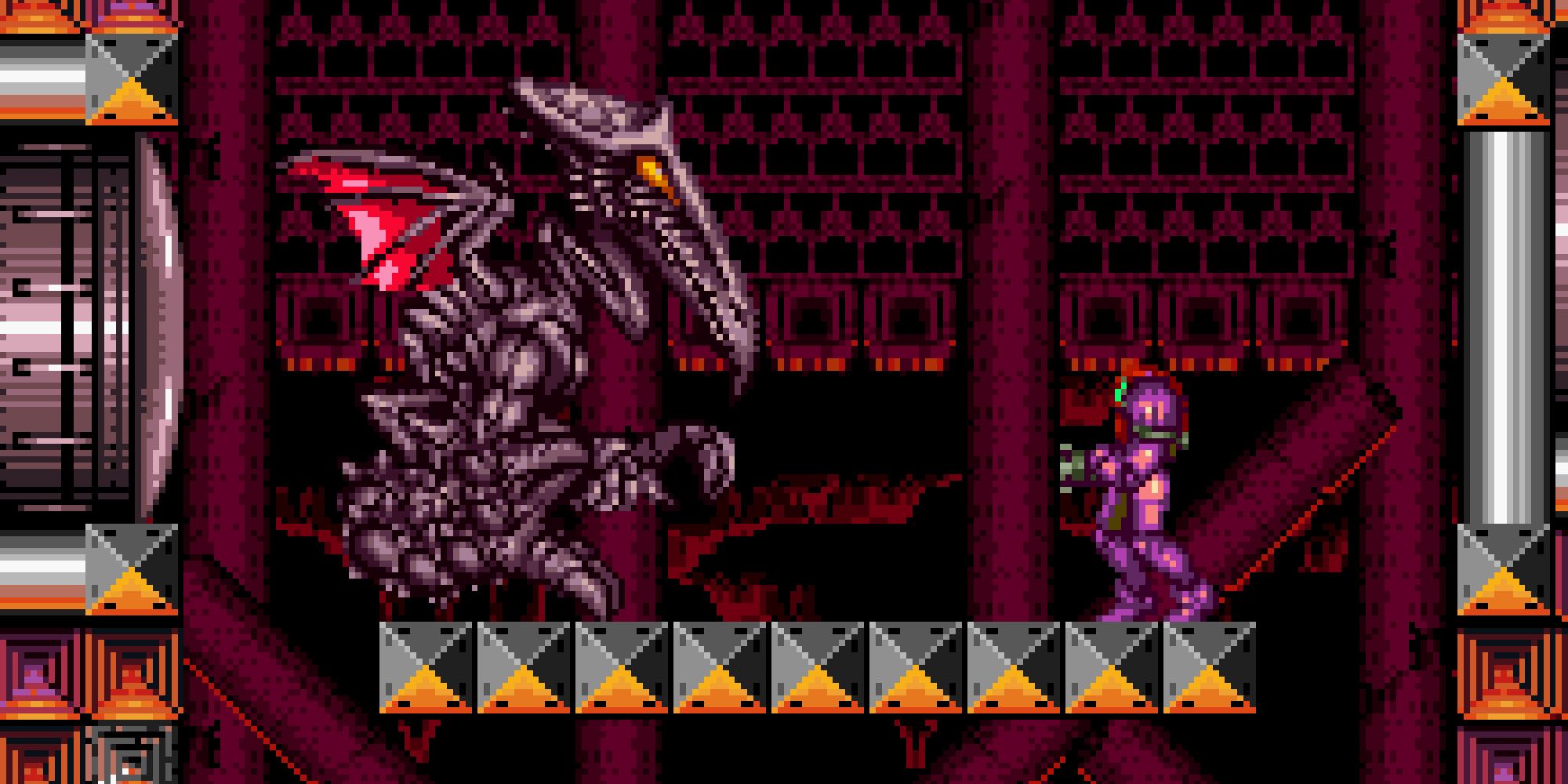 Samus in a purple suit facing off against Ridley in his lair in Super Metroid
