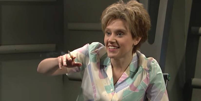 Kate McKinnon as Colleen Rafferty with a cigarette in the Close Encounter sketch
