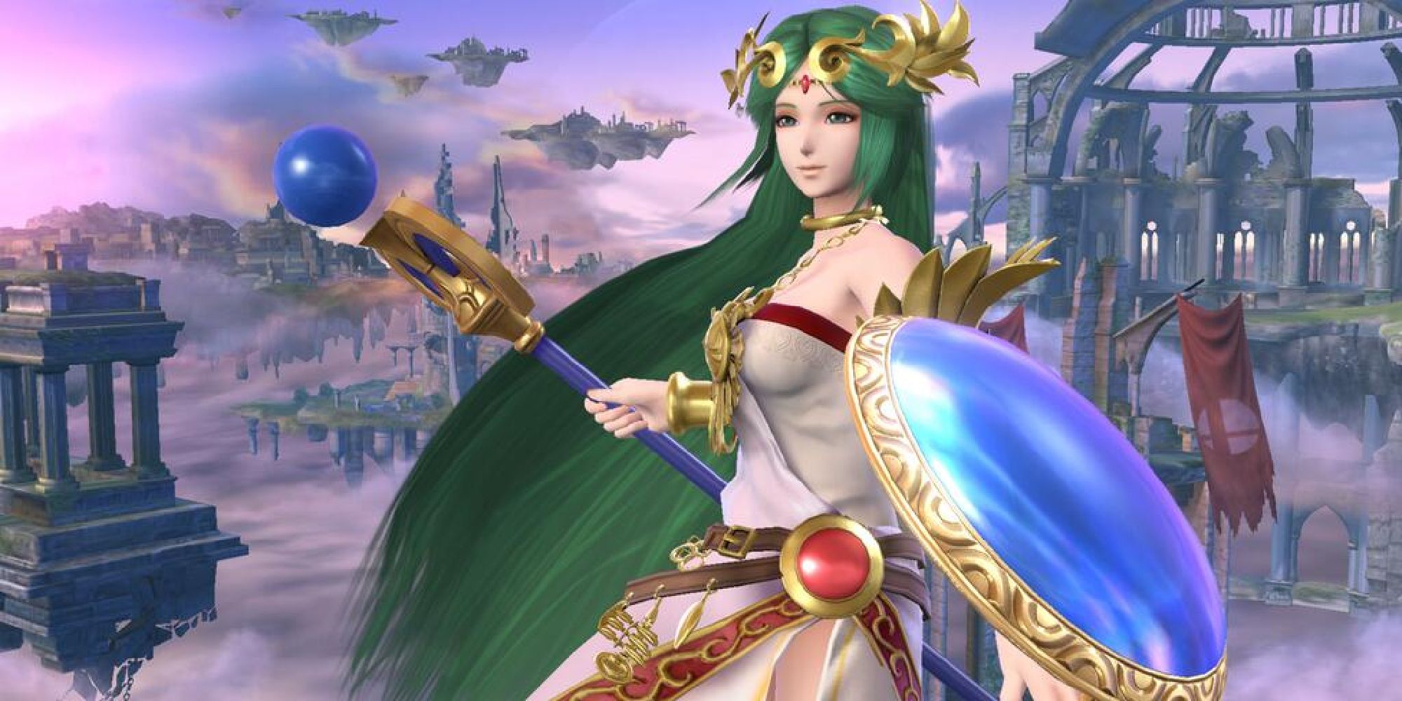 Palutena wielding her magic staff in Super Smash Bros for Wii U