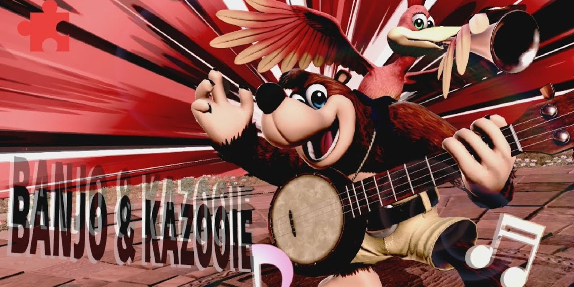 Banjo with a banjo and Kazooie with a kazoo playing music in their victory screen