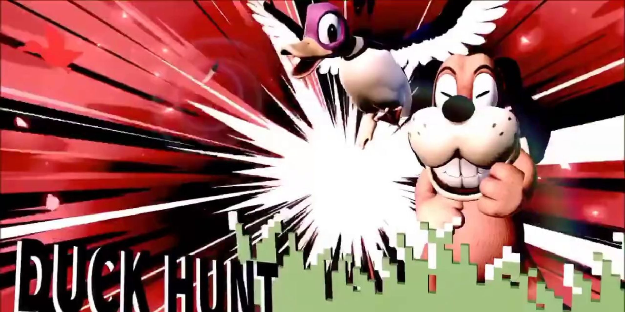 Duck Hunt Dog laughing behind pixelated grass while the Duck Hunt Bird flies above him
