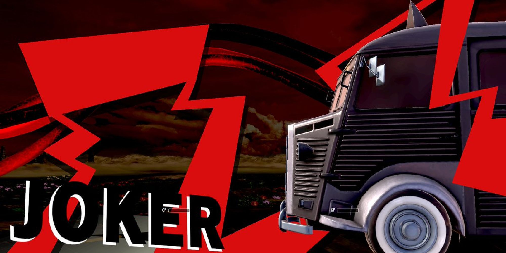 Joker's victory screen showing the Morganamobile driving surrounded by red graphics