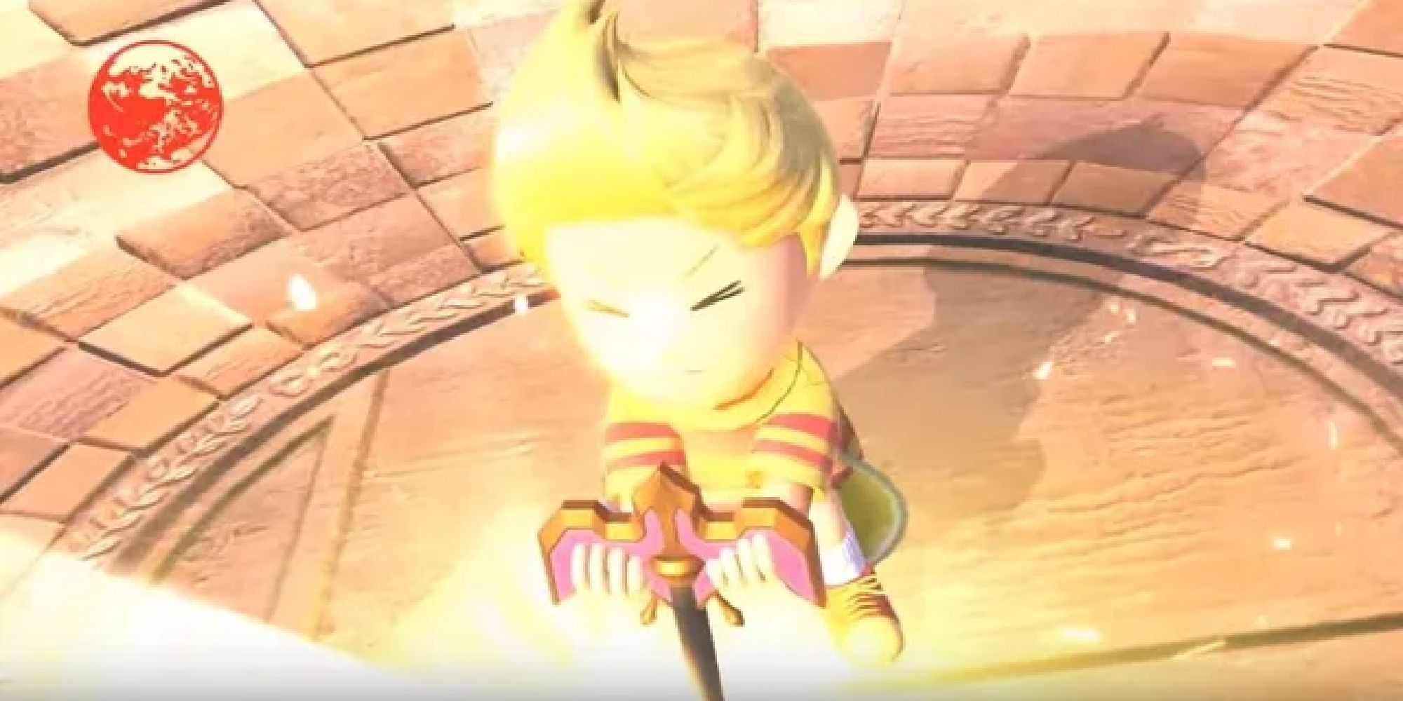 Lucas pulling one of the Seven Needles from the ground in his victory screen