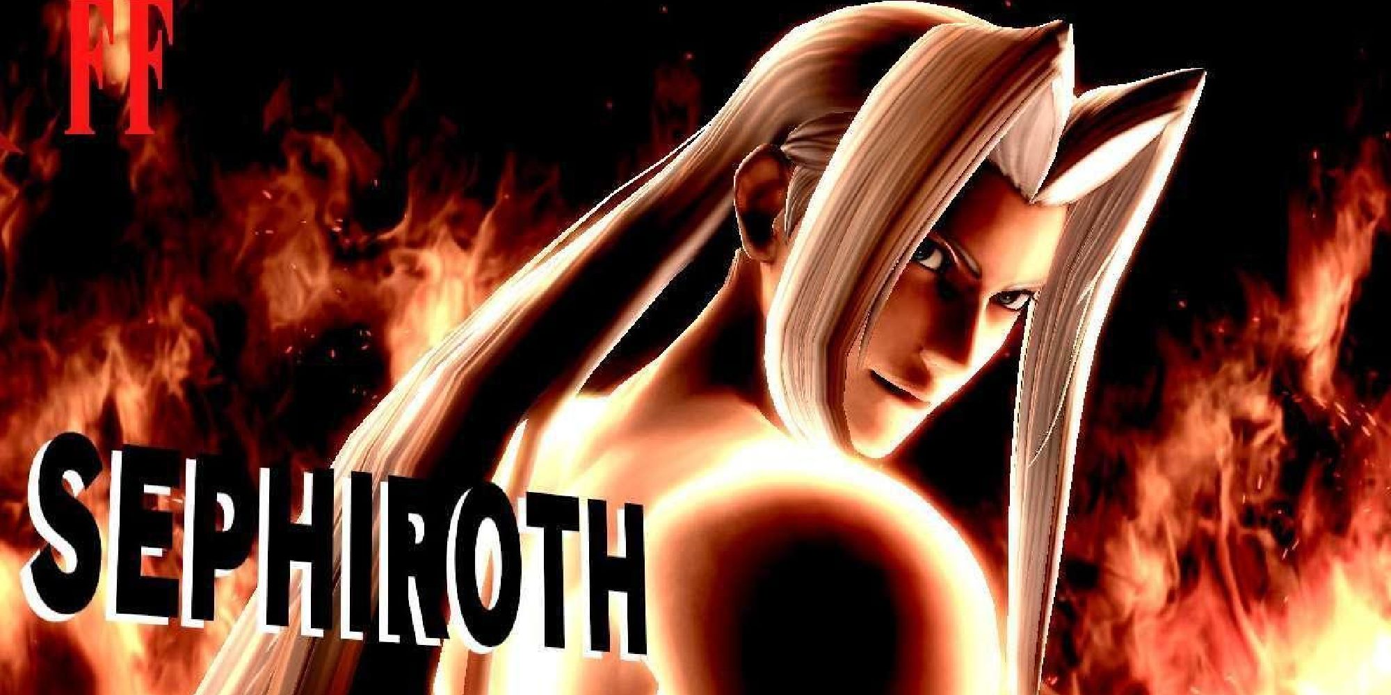 A shirtless Sephiroth looking back in front of a fiery arena