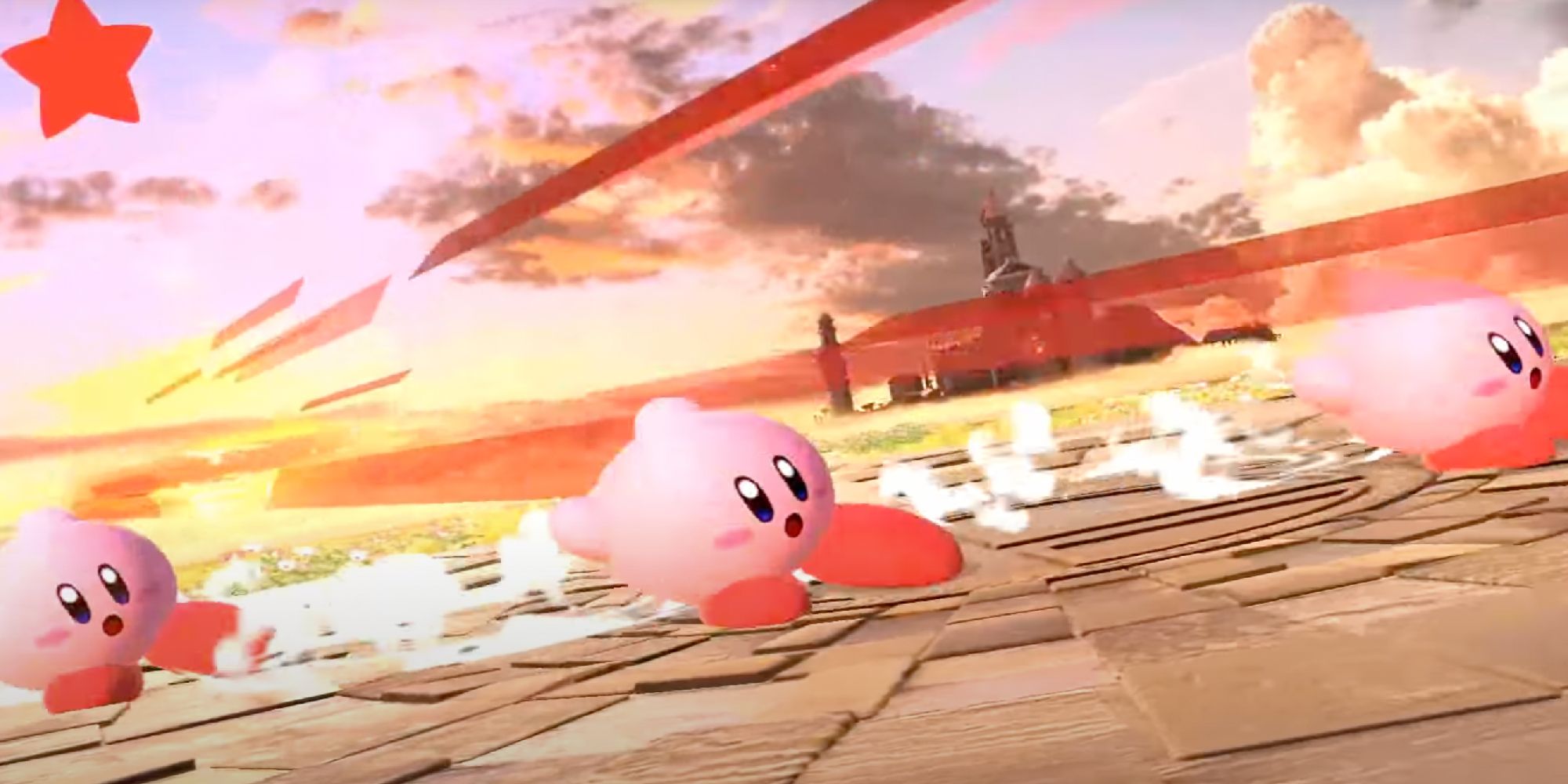 Three dancing Kirby in his victory screen for Smash Ultimate
