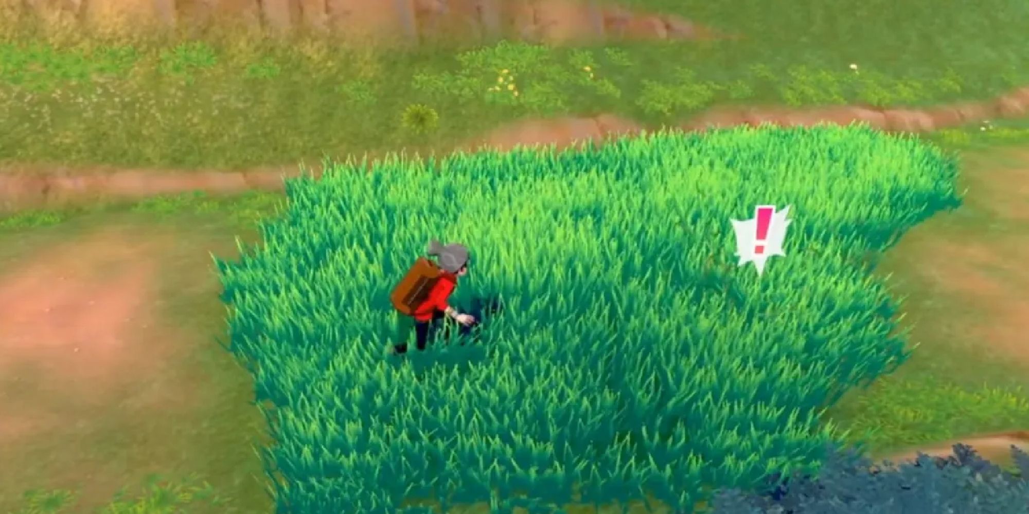 A Trainer walking up to an exclamation mark in tall grass in Sword & Shield