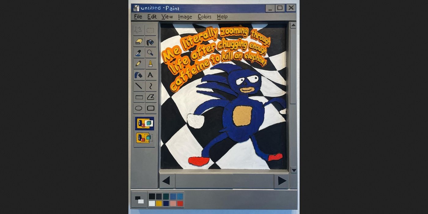 Painting of a MS Paint window with Sanic against a checkered background. The caption reads: "Me literally zooming through life after chugging enough caffeine to kill an elephant." Image credit: reddit.com