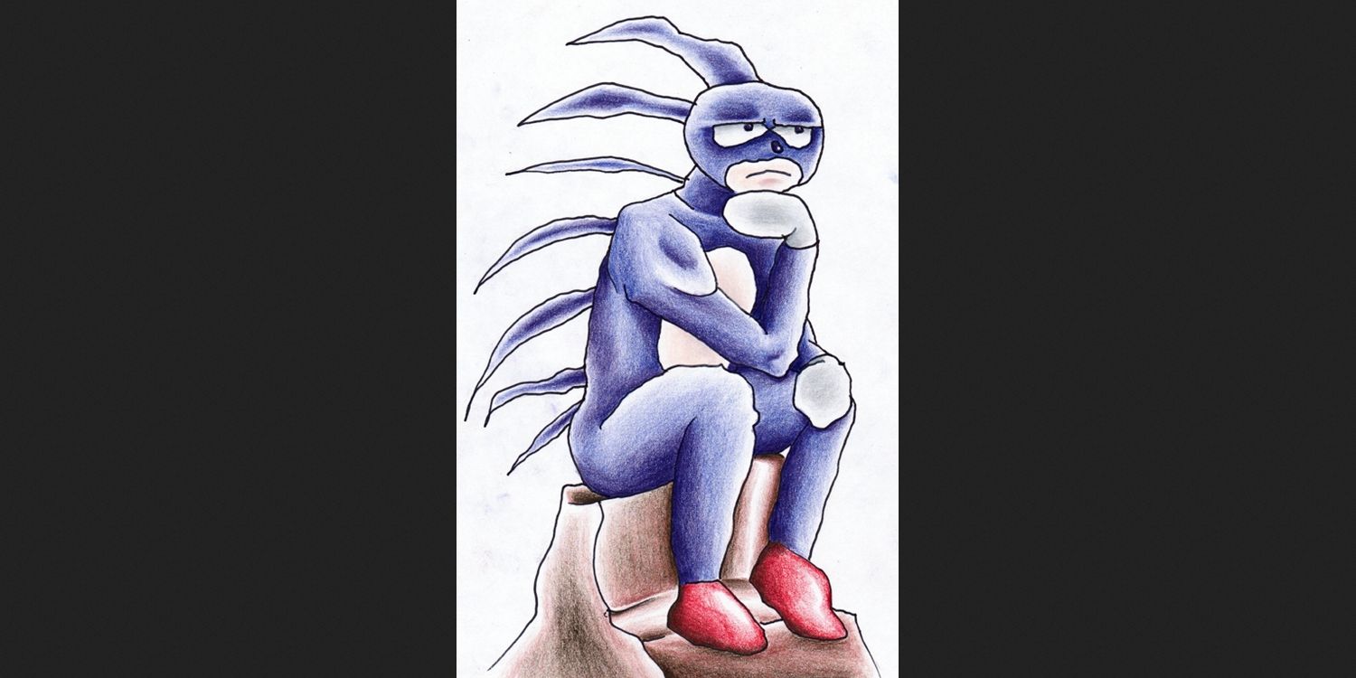 A drawing of Sanic sitting on a stump and thinking. Image source: knowyourmeme.com