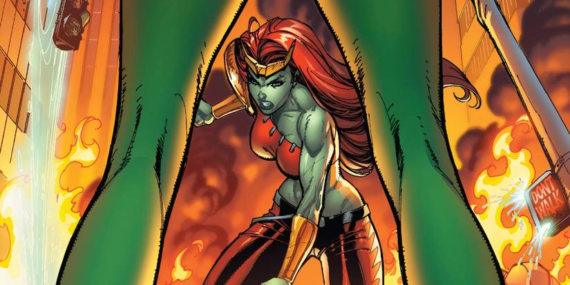 The comic cover for All-New Savage She-Hulk showing Lyra facing off against She-Hulk through the POV of between She-Hulk's legs