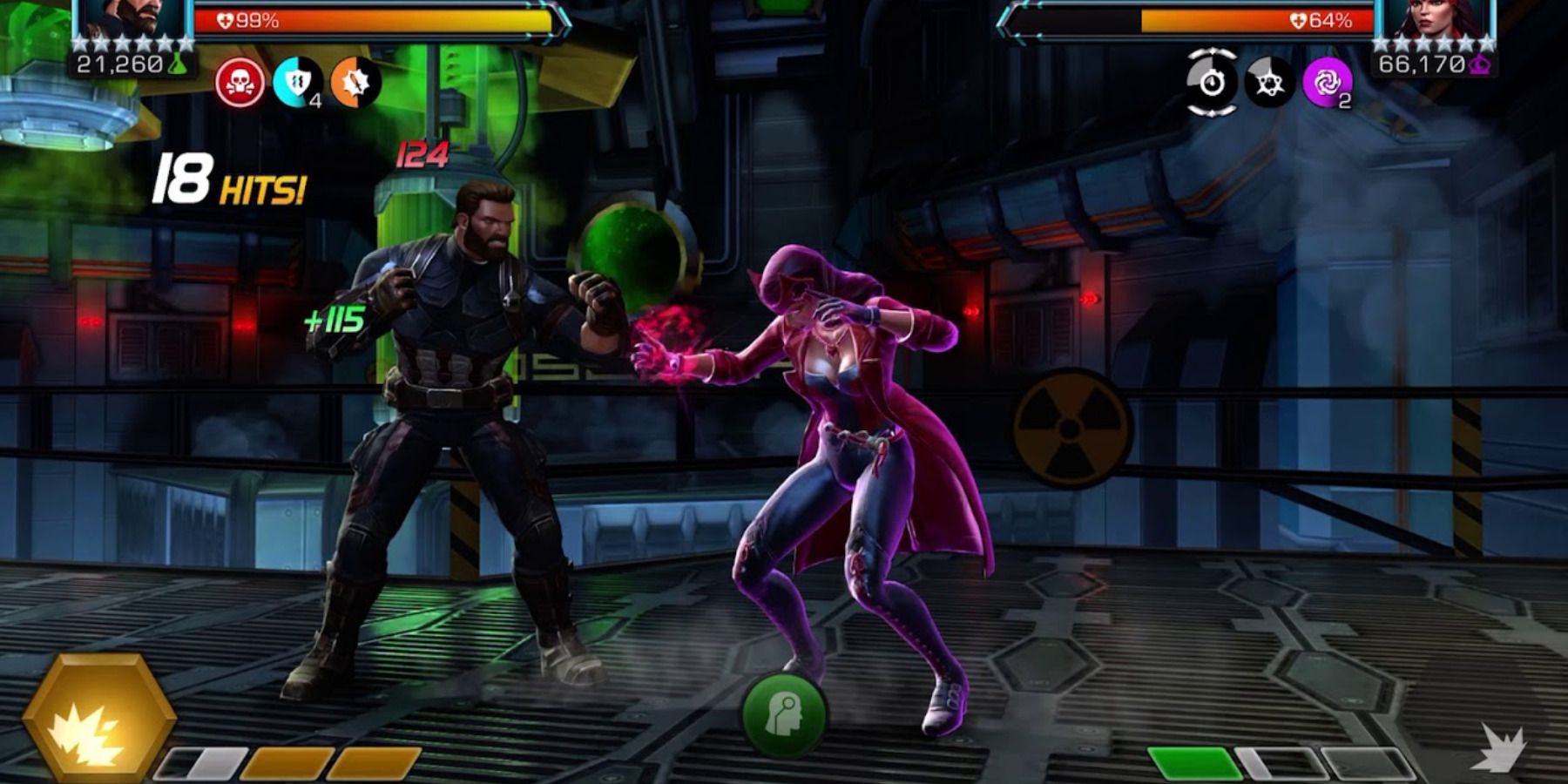 Scarlet Witch fighting Captain America in Marvel Contest of Champions.