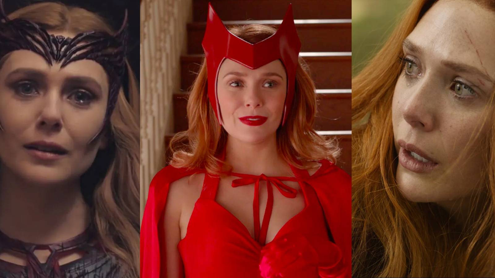 Wanda in her Scarlet Witch outfit from Doctor Strange 2; Wanda in a Halloween costume in WandaVision; Wanda looking back at Thanos in Infinity War