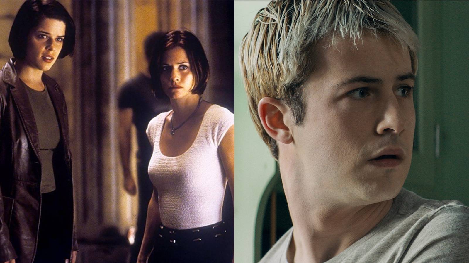 Split image of Sidney (Neve Campbell) and Gale (Courteney Cox) in Scream 2 and Wes (Dylan Minette) in Scream (2022)