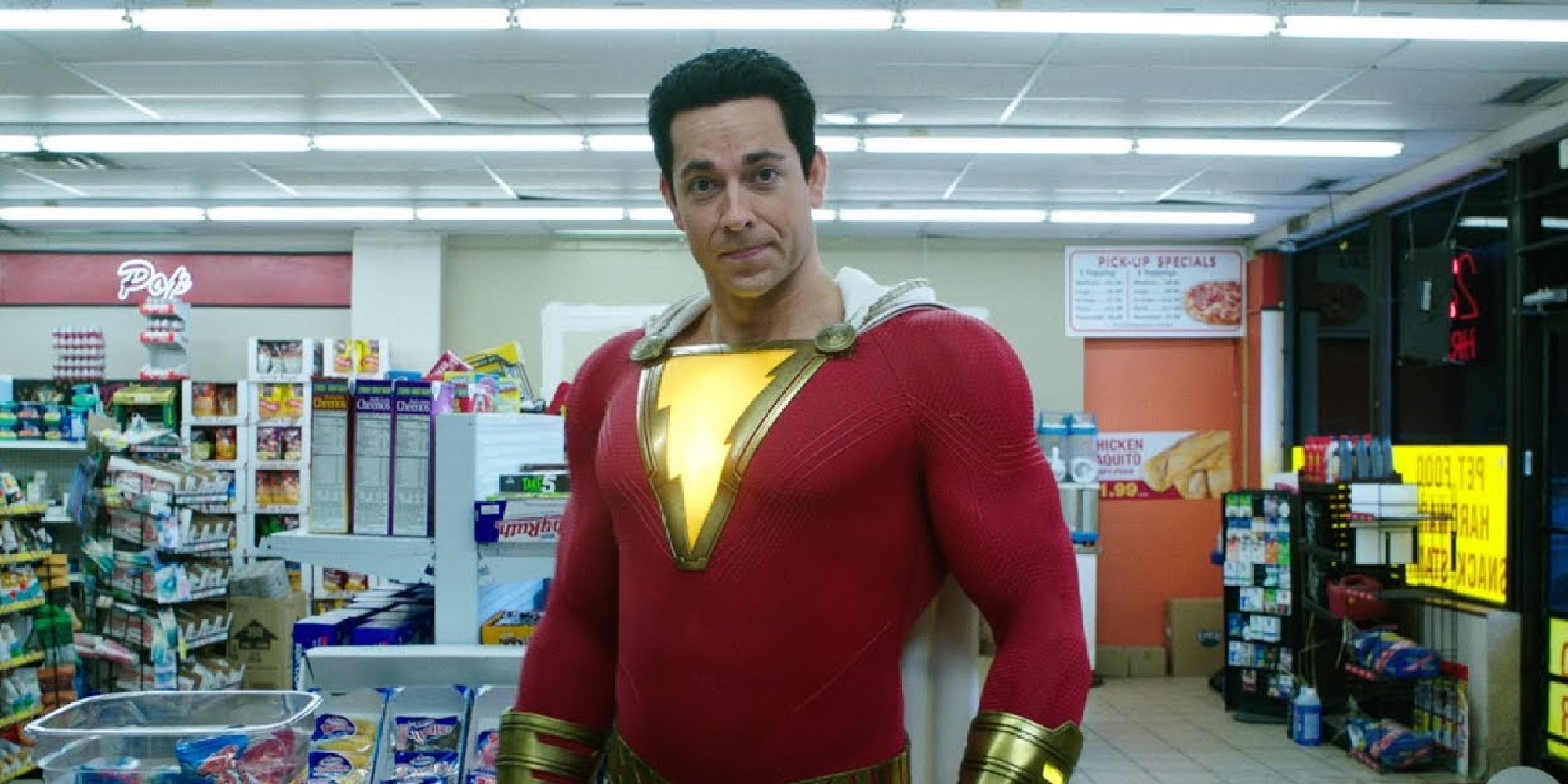 Billy in his Shazam form at a grocery store