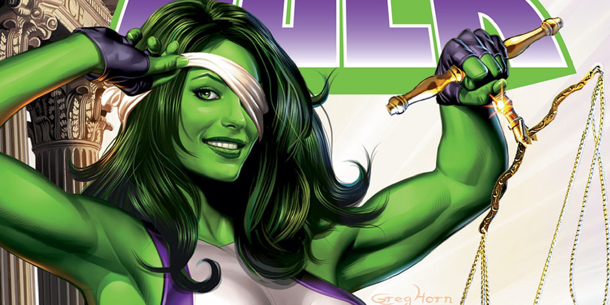 She-Hulk in her 2005 series cover with a blindfold and scales of justice