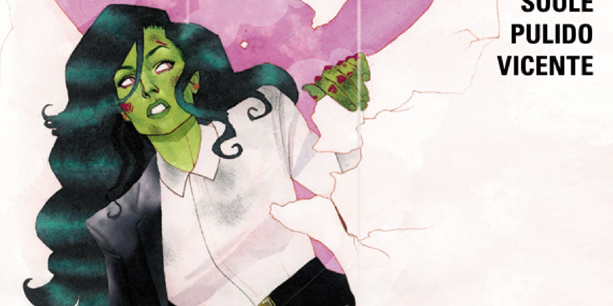 She-Hulk wearing a suit and ripping through the comic pages in the cover of her 2014 solo series