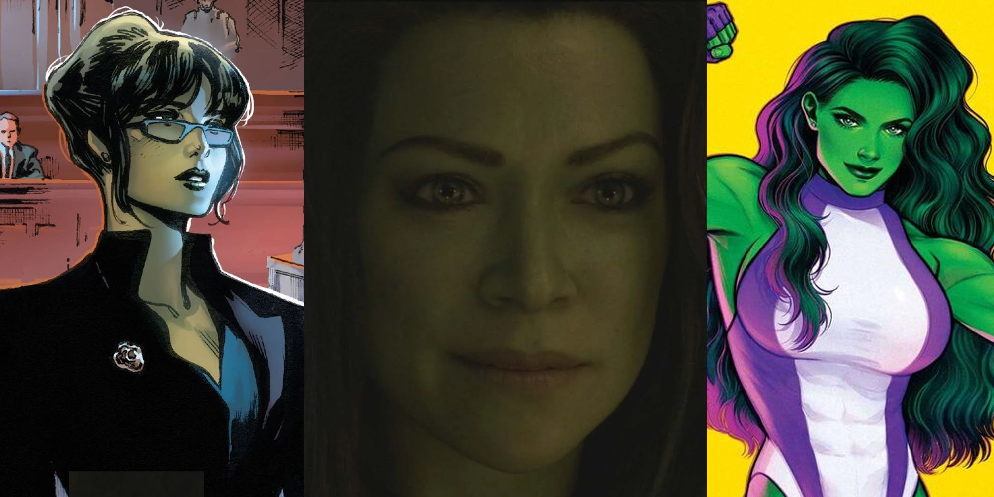 Jennifer Walters as a lawyer in Civil War II; Tatiana Maslany on a date as She-Hulk in She-Hulk: Attorney at Law; She-Hulk in a comic cover for her 2022 series
