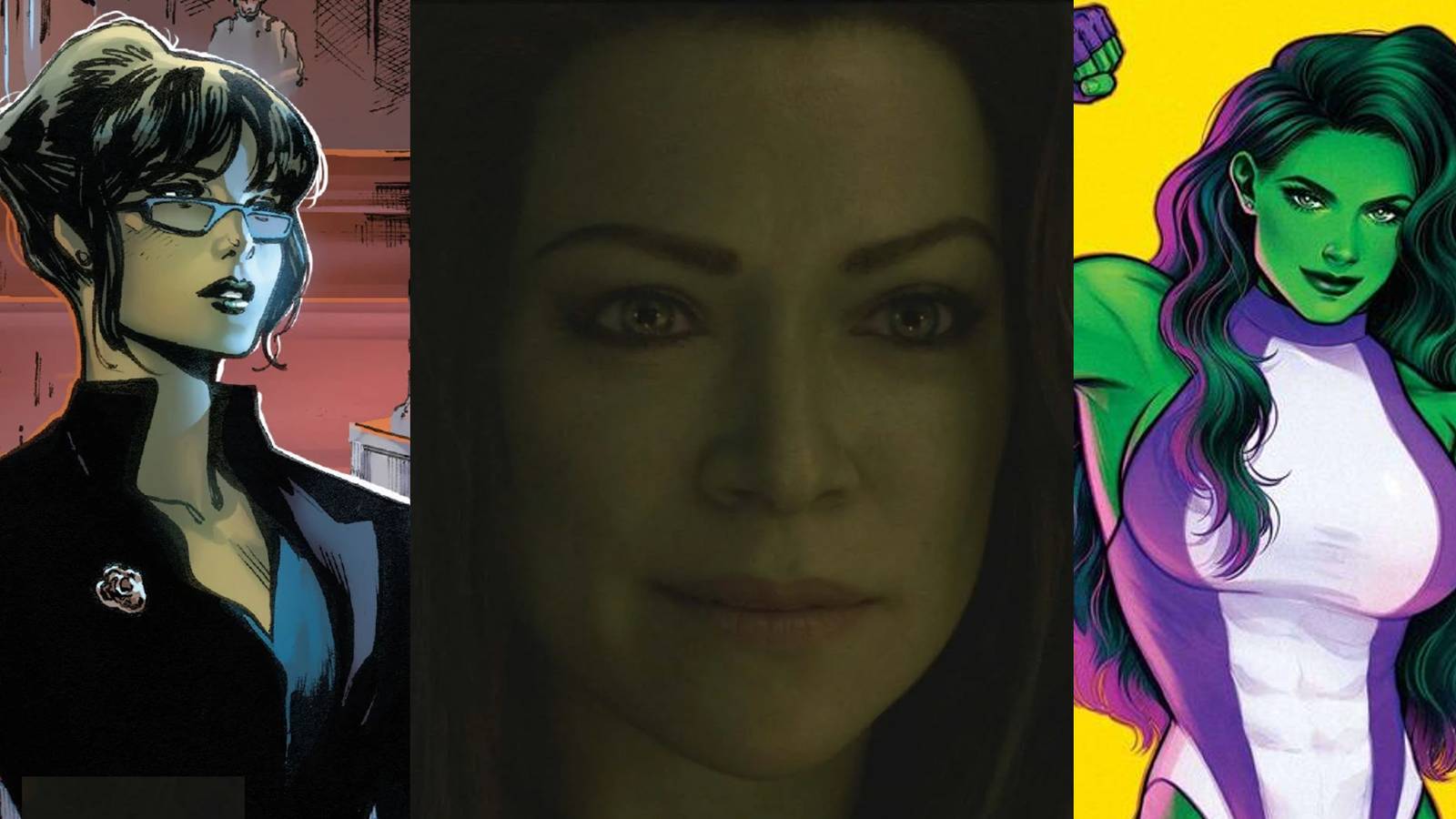 Jennifer Walters as a lawyer in Civil War II; Tatiana Maslany on a date as She-Hulk in She-Hulk: Attorney at Law; She-Hulk in a comic cover for her 2022 series