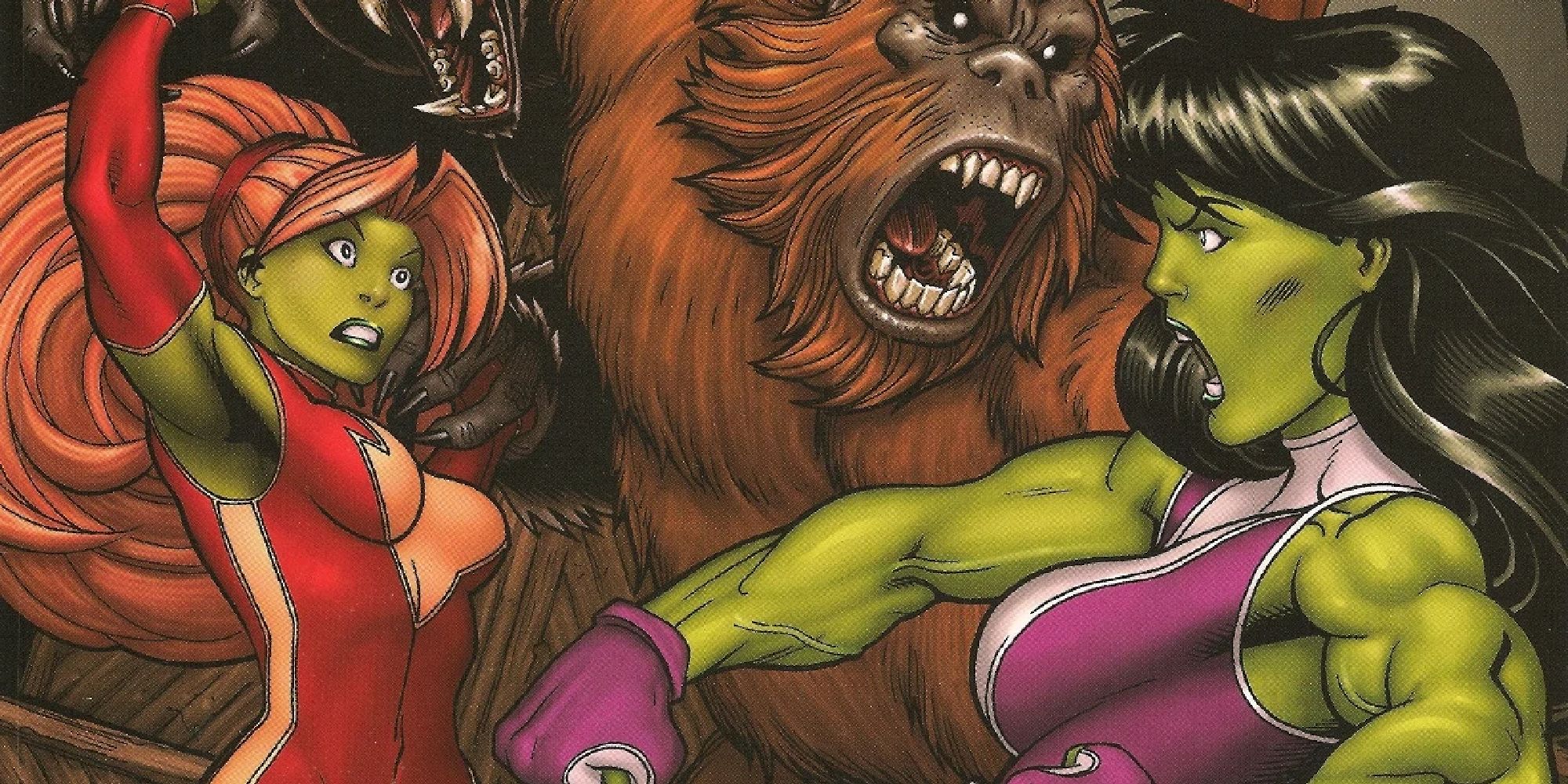 A cover for She-Hulks which finds Lyra and She-Hulk teaming up against a monkey