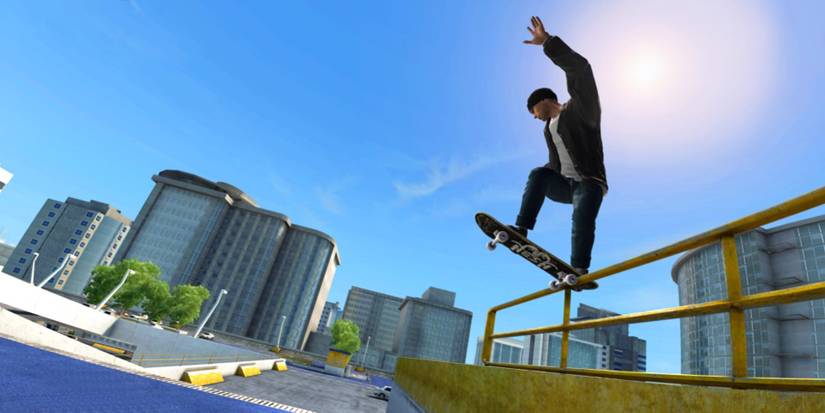 A skater grinding on a rail in Skate 3