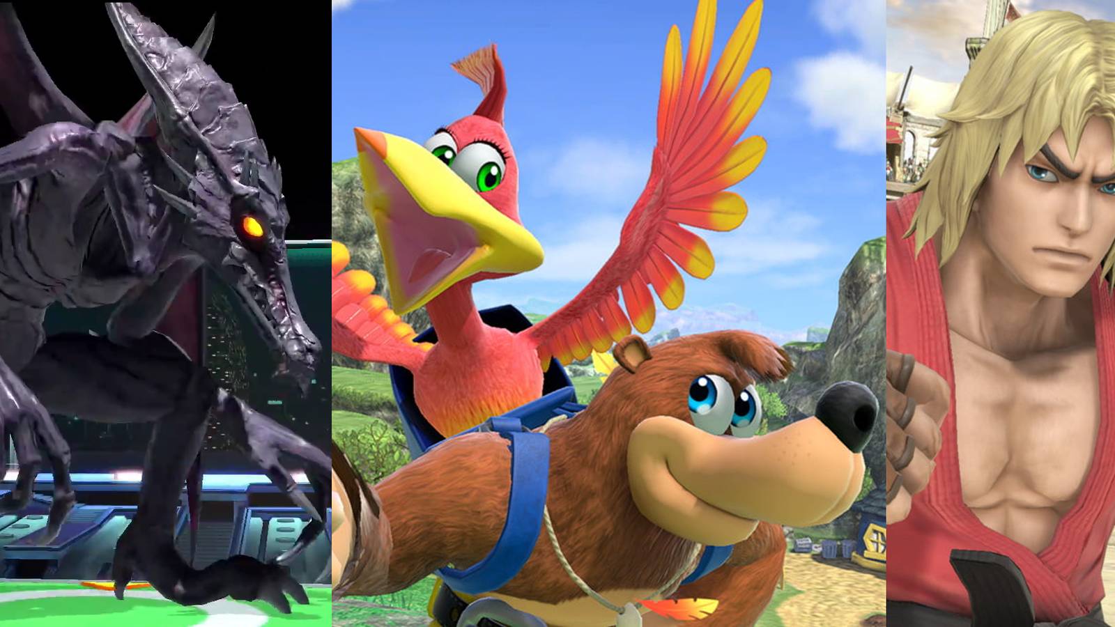 Ridley on Pokemon Stadium in SSBU; Banjo and Kazooie smiling at each other in SSBU; Ken in Coliseum in SSBU