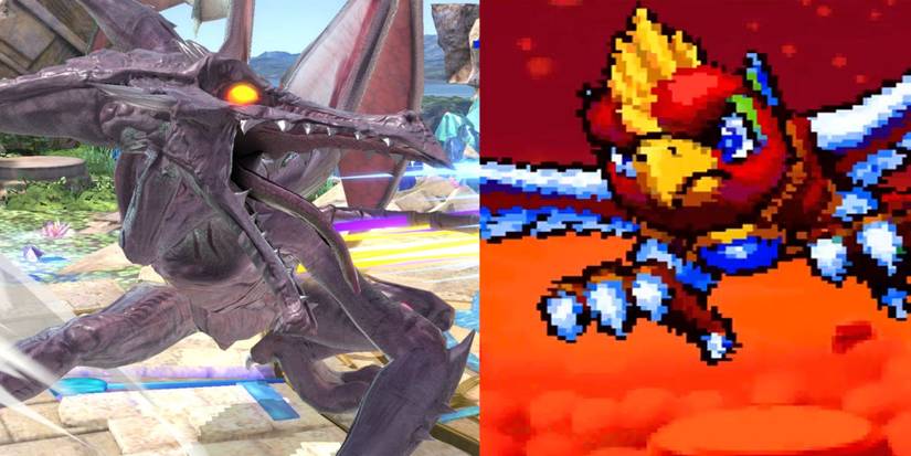 Ridley on Battlefield in SSBU; Dyna Blade swooping down during a boss battle in Kirby Super Star